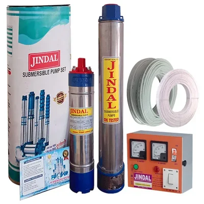 Jindal 2HP 15 Stage (V4) 1Ph Oil Cooled Submersible Pump With CP, 60m Cable & 60m Safety Wire - 1 Year Warranty