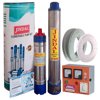 Jindal 2Hp 18 Stage (V4) 1Ph Oil Cooled Submersible Pump With CP, 70m Cable & 70m Safety Wire - 1 Year Warranty