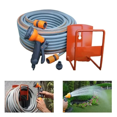  Garden Hose Pipe Set with 30mtr 3-Layered Pipe ,Spray Gun & Wall Stand for Garden & Lawns