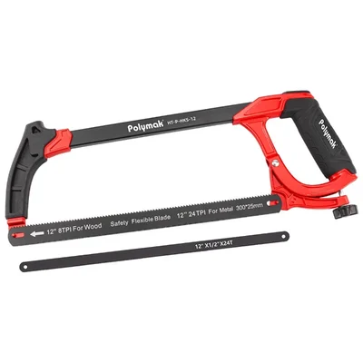 Polymak 300mm Aluminum Alloy Hacksaw Frame with Ergonomic Handle, Includes Wood & Metal Cutting Blades, HT-P-HKS-12