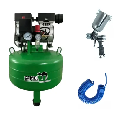 Camel 30 Liters 1 HP 1400 RPM Oil-Free Dental Air Compressor with Spray Gun and Recoil Hose Combo AC-30LS-V
