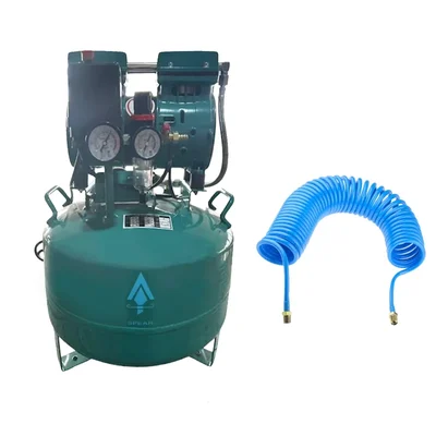 Spear 30 Litres Dental Oil Free Sound Less Air Compressor, 1HP Motor and Recoil Air Hose Pipe Combo