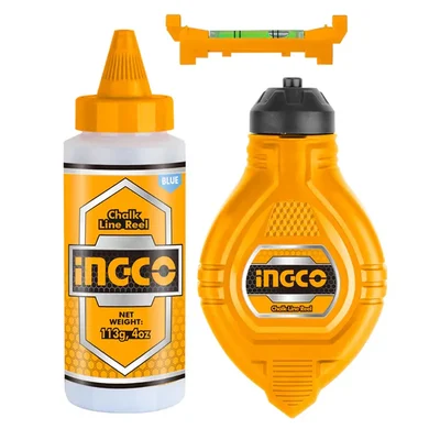 INGCO 30m Chalk Line Reel with Bonus Chalk, Spirit Bubble, and Blue Powder Bottle (HCLR0130)