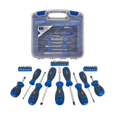 Scheppach 33 Piece Screwdriver Set ,Chrome Vanadium Steel Rods, Black or Blue Ergonomic Handle, Case Included (SCH‑7033C)