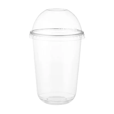 HORECA Deluxe 350ml Cold Drink Serving Pack of 100 Transparent Clear Crack Resistant Plastic Glass with Dome Lids
