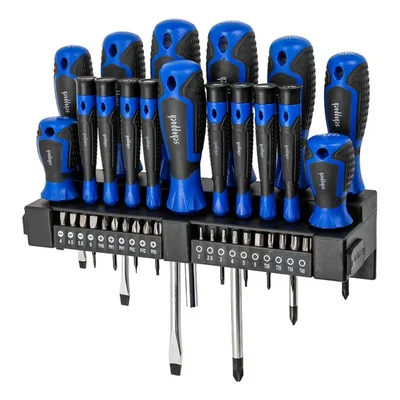 Scheppach 37 Piece Screwdriver Set , Chrome Vanadium Steel Rods, Black or Blue Handles, Wall Holder Included (SCH-7037B)