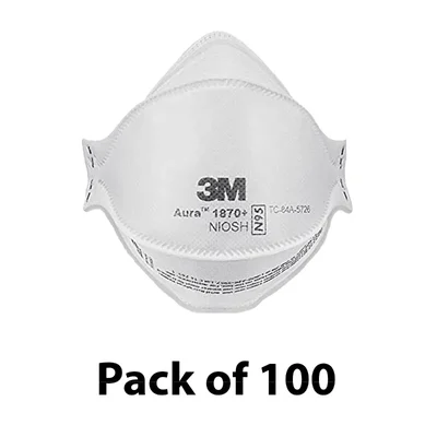 3M Aura 1870+ N95 Surgical Respirator Mask, Fluid Resistant, Flat Fold, Anti-Fog, 3-Panel Design(Pack-100)