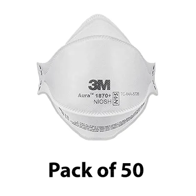 3M Aura 1870+ N95 Surgical Respirator Mask, Fluid Resistant, Flat Fold, Anti-Fog, 3-Panel Design(Pack-50)