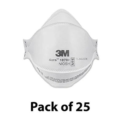 3M Aura 1870+ N95 Surgical Respirator Mask, Fluid Resistant, Flat Fold, Anti-Fog, 3-Panel Design(Pack-25)