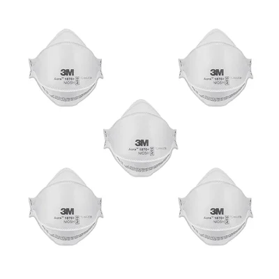 3M Aura 1870+ N95 Surgical Respirator Mask, Fluid Resistant, Flat Fold, Anti-Fog, 3-Panel Design(Pack-5)