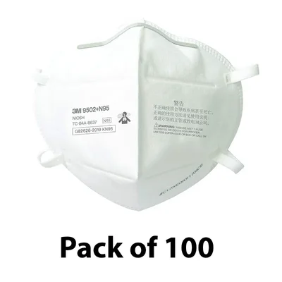 3M 9502+ KN95/N95 Particulate Respirator Mask, Flat-Fold, Adjustable Nose Clip(Pack-100)