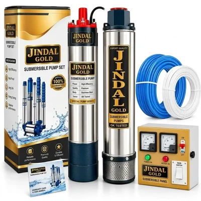 Jindal 3 HP 15 Stage V4 Single Phase Water Cooled Submersible Pump, 120ft Head, 12000 LPH, With CP, 30 Meter 30 Submersible Cable, Safety Wire