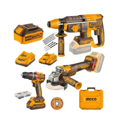 Ingco 20V Max 3 Pcs Cordless Combo Kit Brushless Hammer Drill Angle Grinder & Rotary Hammer Set (CKLI202598)