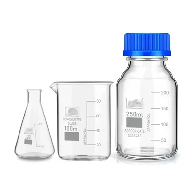 SBT Instruments Borosilicate Glass Measuring Conical Flask 25ml, Beaker 100ml & 250ml Reagent Bottle with Blue Screw Cap