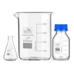 SBT Instruments Borosilicate Glass Measuring Conical Flask 25ml, Beaker 500ml & 100ml Reagent Bottle with Blue Screw Cap