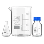 SBT Instruments Borosilicate Glass Measuring Conical Flask 25ml, Beaker 500ml & 50ml Reagent Bottle with Blue Screw Cap