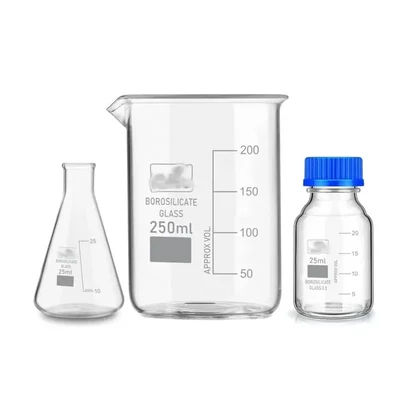 SBT Instruments Borosilicate Glass Measuring Conical Flask 25ml, Beaker 250ml & 25ml Reagent Bottle with Blue Screw Cap