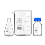 SBT Instruments Borosilicate Glass Measuring Conical Flask 25ml, Beaker 250ml & 25ml Reagent Bottle with Blue Screw Cap