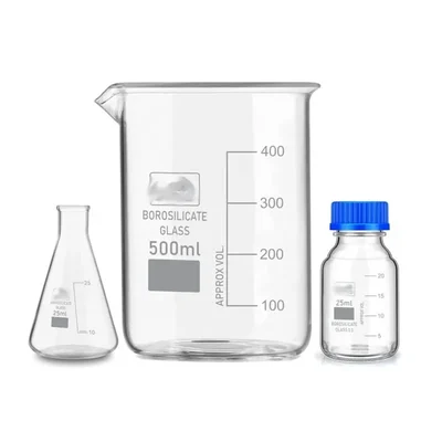 SBT Instruments Borosilicate Glass Measuring Conical Flask 25ml, Beaker 500ml & 25ml Reagent Bottle with Blue Screw Cap