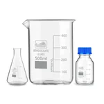 SBT Instruments Borosilicate Glass Measuring Conical Flask 25ml, Beaker 500ml & 25ml Reagent Bottle with Blue Screw Cap
