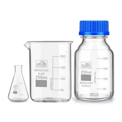 SBT Instruments Borosilicate Glass Measuring Conical Flask 25ml, Beaker 250ml & 250ml Reagent Bottle with Blue Screw Cap