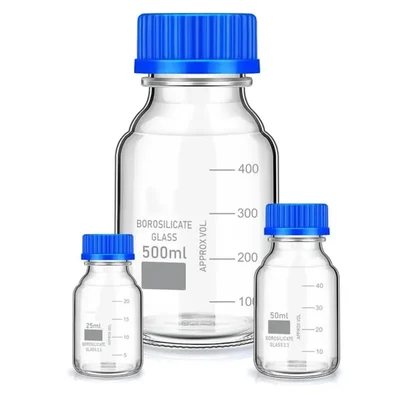 VVS 3.3 Borosilicate Glass Reagent Bottle Set 25ml 50ml 500ml Blue Cap 3pcs