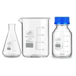 SBT Instruments Borosilicate Glass Measuring Conical Flask 25ml, Beaker 100ml & 50ml Reagent Bottle with Blue Screw Cap