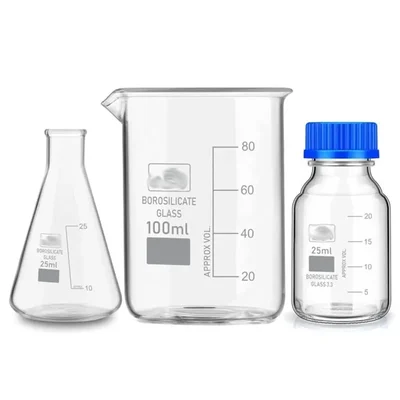 SBT Instruments Borosilicate Glass Measuring Conical Flask 25ml, Beaker 100ml & 25ml Reagent Bottle with Blue Screw Cap