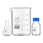 SBT Instruments Borosilicate Glass Measuring Conical Flask 25ml, Beaker 1000ml & 50ml Reagent Bottle with Blue Screw Cap