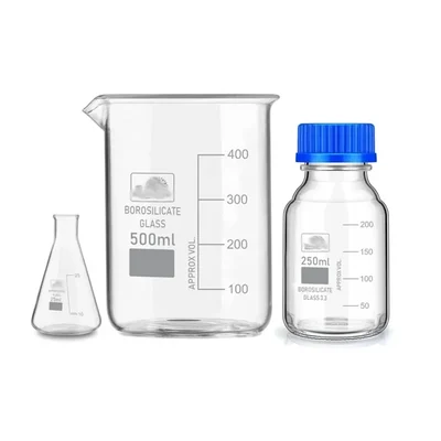 SBT Instruments Borosilicate Glass Measuring Conical Flask 25ml, Beaker 500ml & 250ml Reagent Bottle with Blue Screw Cap