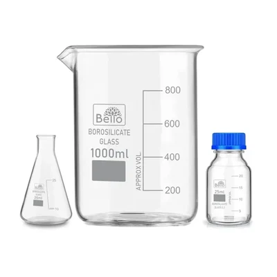 SBT Instruments Borosilicate Glass Measuring Conical Flask 25ml, Beaker 1000ml & 25ml Reagent Bottle with Blue Screw Cap