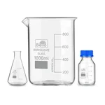 SBT Instruments Borosilicate Glass Measuring Conical Flask 25ml, Beaker 1000ml & 25ml Reagent Bottle with Blue Screw Cap
