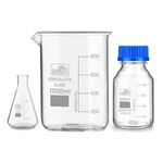 SBT Instruments Borosilicate Glass Measuring Conical Flask 25ml, Beaker 1000ml & 100ml Reagent Bottle with Blue Screw Cap
