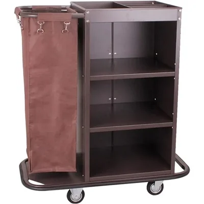 3 Shelf Mild Steel Housekeeping Trolley Commercial Laundry Cleaning Cart with Removable Storage Bag