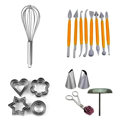 Combo of 1 Stainless Steel Whisk, 8 Fondant Tools Set, 12 Cookie Cutter and Flower decorating Tools