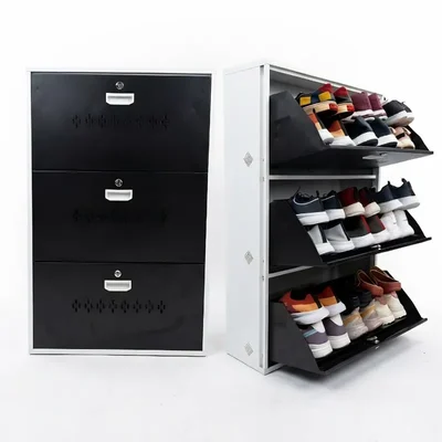 WELBUILT 41"H 26"W Wall Mounted 18 Pairs Metal Shoe Cabinet (White/Brown) WSR-3FD-BW 