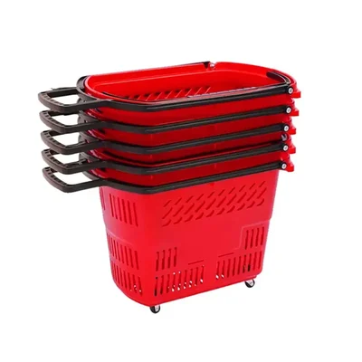 Bigapple 42 L Plastic Shopping Basket with 4 Small Wheels, (BA-Basket42L)(Color-Red,Pack-5)