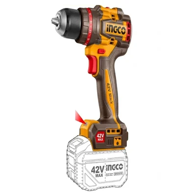 INGCO 42V 69Nm 13mm Metal Chuck Compact Brushless Cordless Impact Drill Set with 2 Batteries, Charger & Case CIDLI426982
