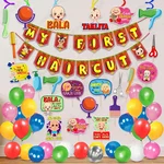 Pack Of 3 | 48Pcs Mundan Hair Cut Theme Decoration Kit Multicolour Balloons Banner With Photo Props Swirls for Baby Girl