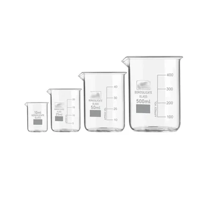 SBT Instruments Set of 4 Borosilicate 3.3 Glass Beaker 10ml, 25ml, 50ml, 500ml with Graduation Marks