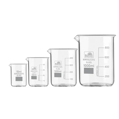 Bello Set of 4pcs Borosilicate 3.3 Glass Beakers with Graduation Marks, 10ml, 50ml, 500ml, 1000ml Capacity for Laboratory