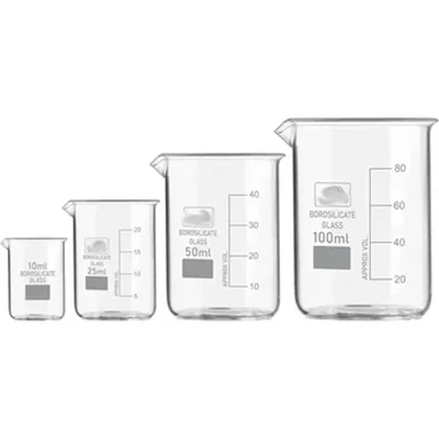 SBT Instruments Set of 4 Borosilicate 3.3 Glass Beaker 10ml, 25ml, 50ml, 100ml with Graduation Marks