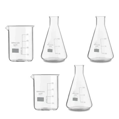 SBT Instruments Set of 5, Borosilicate 3.3 Glass Beaker and Conical Flask with Graduation Marks, 100ml Capacity