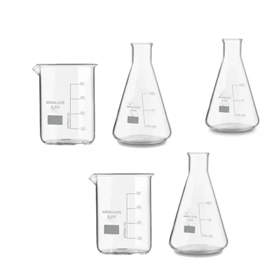 SBT Instruments Set of 5, Borosilicate 3.3 Glass Beaker and Conical Flask with Graduation Marks, 250ml Capacity