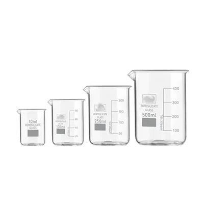 SBT Instruments Set of 4 Borosilicate 3.3 Glass Beaker 10ml, 100ml, 250ml, 500ml with Graduation Marks