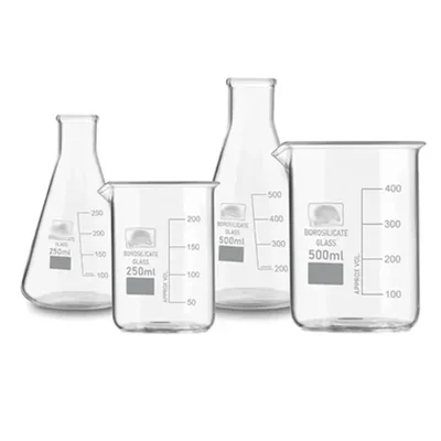 SBT Instruments 4pcs Borosilicate 3.3 Glass Combo of Beaker and Conical Flask 500ml, 100ml with Graduation Marks