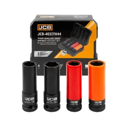 JCB 4 Piece Deep Impact Thin‑Walled Socket Set, 1/2″ Drive, 6‑Point 17 mm & 19 mm with Protective Covers (JCB-4032TH44)