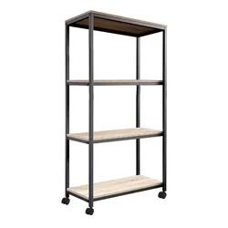 Awni 48 x 24 x 13.5 Inch 4 Wooden Shelves Movable Rack For Multipurpose Uses