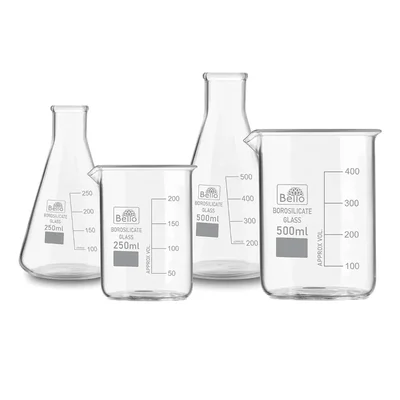Bello (2pcs x 500ml), (2pcs x 100ml) Beakers and Conical Flasks with Graduation Marks, 3.3 Borosilicate Glass Material
