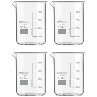 VVS 500ml 3.3 Borosilicate Glass Lab Beaker Set, High Temp Acid Resistant, Graduated Griffin Style, 4 Pcs
